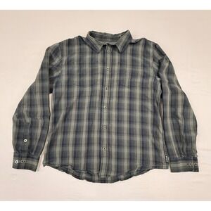 Prana Mens Large Blue Green Plaid Organic Cotton Blend Button Down Shirt LRG